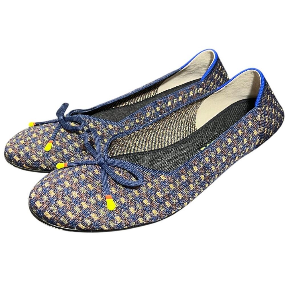 Rothy's The Bow Flat Evening Metallic Women's Sz 10 Ballet Plaid Navy Gold